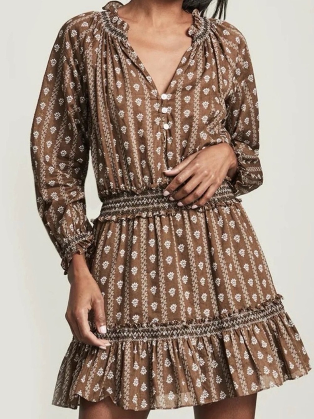 NWT - Veronica Beard Brown Floral Long-Sleeve Smocked Mini Dress